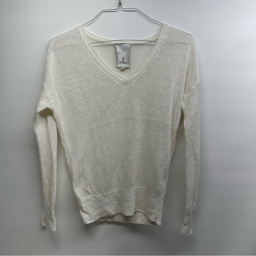 SEATON KNIT LINEN Elegant Cream V-Neck Sweater SIZE SMALL